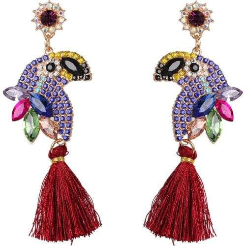 Fashion Crystal Parrot Tassel Earrings for Women Bohemian Bird Drop Long Fringed Dangle Earrings Christmas Gift