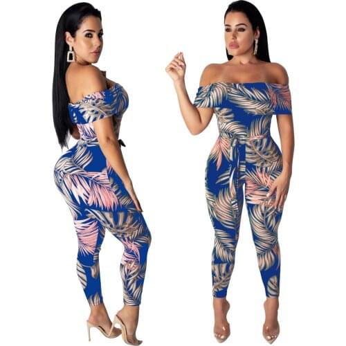 S-XXL Leaf print one-shoulder off-the-shoulder casual skinny jumpsuit
