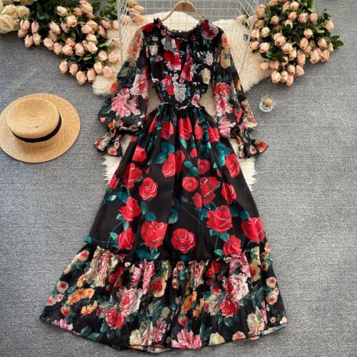 Runway Designer Flower Printted Chiffon Long Dress Women 2021 Autumn New Bohemian Vacation Maxi Dresses Robes Mujer