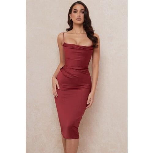 New Arrival Summer Womens Spaghetti Strap Pleated Red Knee-Length Sexy Bodycon Women Night Party Dress