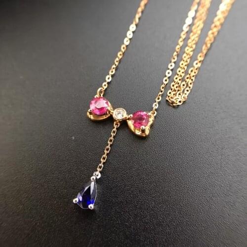 0.787ct Ruby and Sapphire Pendant Necklace with 0.031ct Diamond Encrusted 18K Yellow Gold Gemstone Fine Ruby-Jewelry for Women