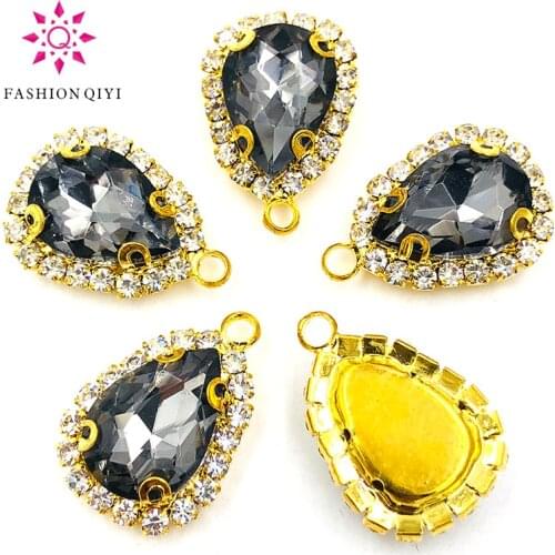 10pcs/pack10X14mmGold bottom Gray teardrop Single hole Crystalbutton high quality sew on rhinestones diyClothing accessories