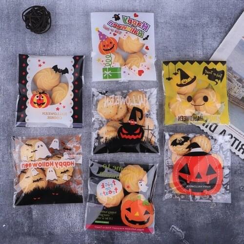 100pcs Halloween Candy Bag Ghost Pumpkin Cookie Bags Plastic Self-adhesive Packaging Bags Halloween Party Decoration