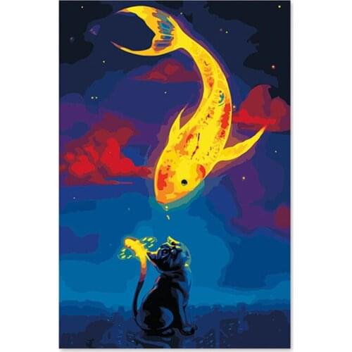 Black cat and golden goldfish cartoon digital oil painting