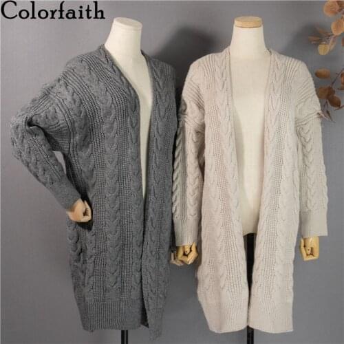 Colorfaith New 2021 Winter Spring Womens Sweater V-Neck Midi Cardigan Vintage Elegant Korean Style Oversize Lady Top SWC1250JX