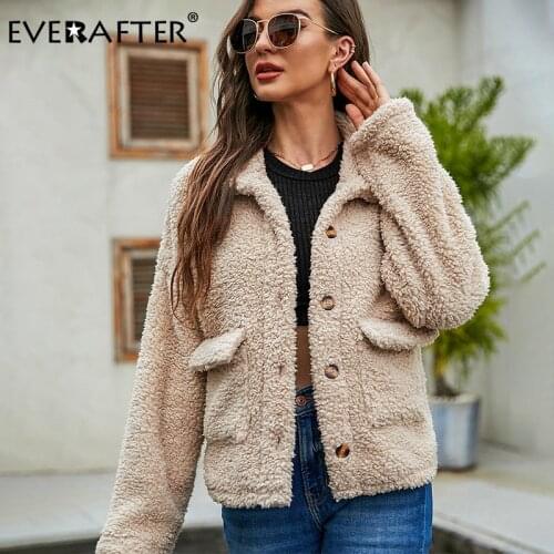 EVERAFTER Fashion Solid Faux Fur Coat Buttons Pockets Soft Office Lady Warm Coats Autumn Winter Casual Female Short Jackets 2021