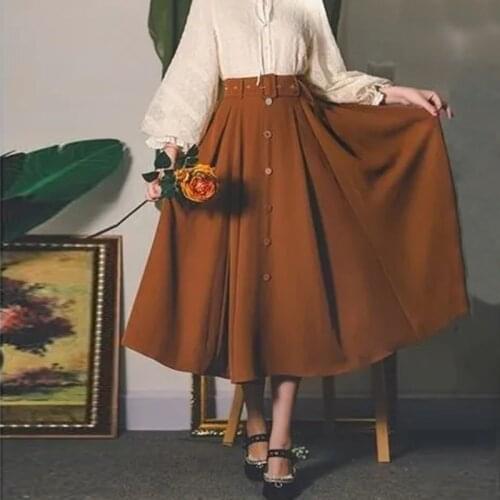 Heydress 2020 women autumn solid botton elegant skirts ladys france style high waist long skrits female vintage A-line skrits