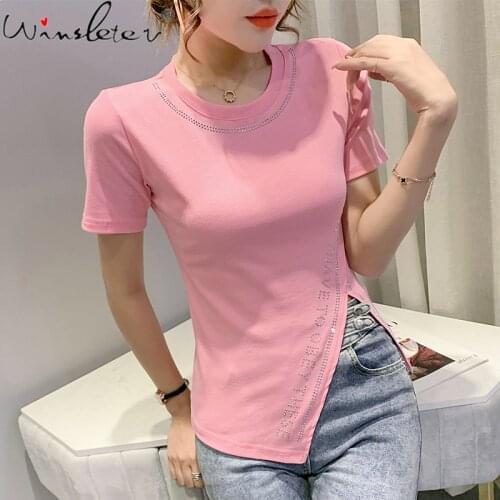 Summer European Clothes Cotton Solid T-Shirt Fashion Sexy Irregularity Shiny Diamonds Women Tops Short Sleeve Tees New T15404A