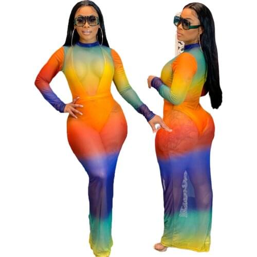 Multicolor Printing Mesh Dress Half High Collar O-neck Long Sleeve Bodycon Maxi Dresses Autumn Casual See-throgth Beach Dresses