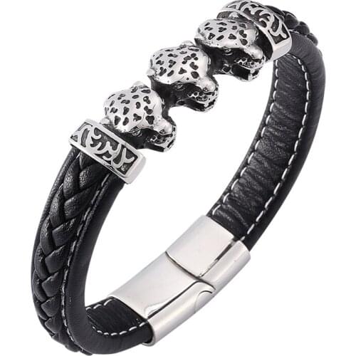 Punk Men Jewelry Braided Leather Bracelet Stainless Steel Magnetic Buckle Bangles Leopard Animal Bracelet Male Wristband PD791