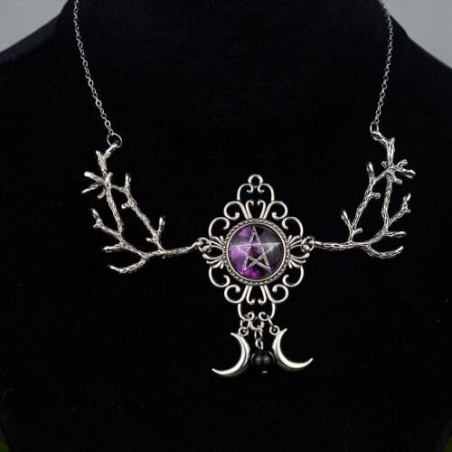 Witch Crescent Moon Pentagram Antlers Branch Pendant Necklace Energy Magic Gothic Pagan Jewelry For Wicca Craft