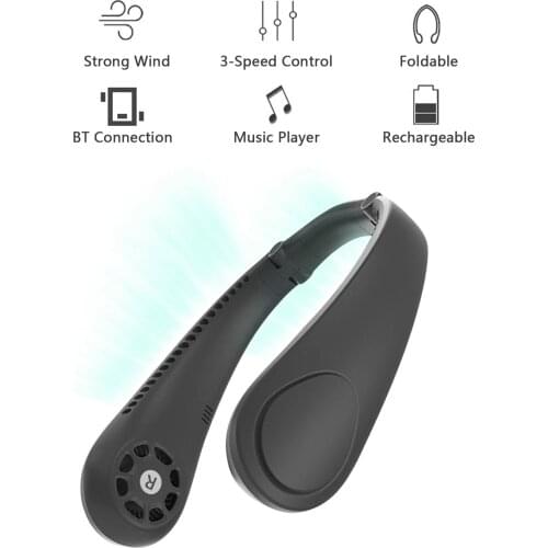 Portable Hanging Neck Fan with Bluetooth Speaker 3 Speeds USB Charging Neck Fan Wearable Music Sound Fan Super Quiet Working