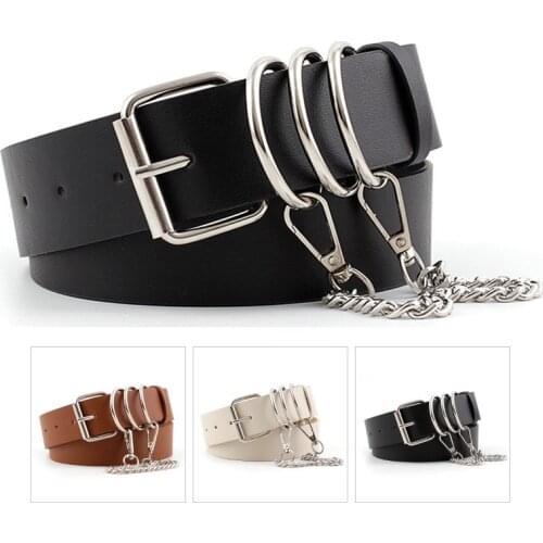 Punk Womens Belt New Style Fashion Three-Ring Chain Ladies Belts Wild Jeans Imitation Leather Mens Personality Womens Belt