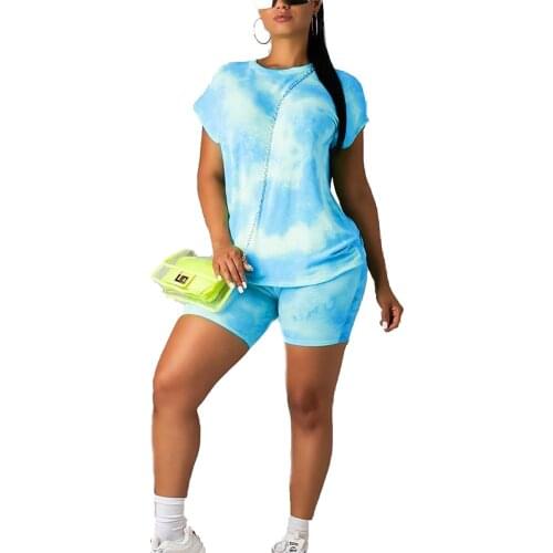 Sexy Women Running Set Tie-Dye Printed Round Neck Short Sleeve T-Shirt Tops Pants Two Piece Clothing Womens Suit Jogging Femme