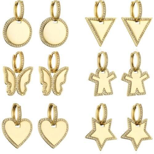 One pair Gold Color Copper Heart Round Triangle butterfly Earrings White Zircon Pave Pendant Earrings For Women Party Jewelry