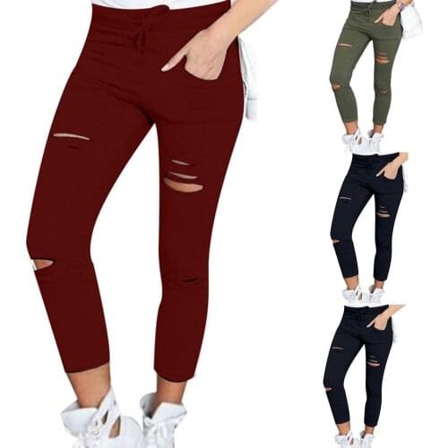 Cropped Pants Ripped Drawstring Women Solid Color Elastic Waist Pockets Leggings Streetwear