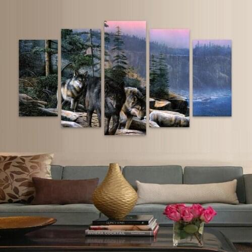 Wolves Nature HD Canvas Wall Art Modular Paintings On The Wall Irregular Pictures For Living Room 5 Pieces Art Works