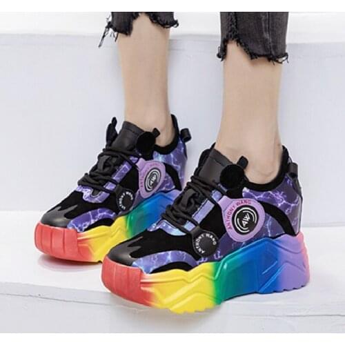 Srping Autumn New Internal Celebrity Slim Height Increasing Wedges Mixed Colors Mesh Genuine Leather Women Casual Sneakers Shoes