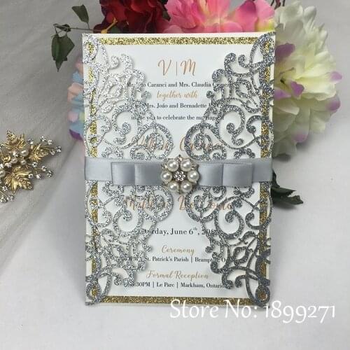 100PCS Sliver Glitter paper invitation with Lined with silver envelopes Free printing the text inner card with Gold back Ribbon
