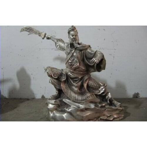 150401 S0472 China Exquisite White Bronze Silver Dragon Guan Gong warrior Hold Sword Statue