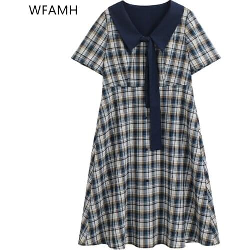 2021summer new plus size slim womens temperament sweet college style stitching lattice V-neck bow short-sleeved dress vestidos