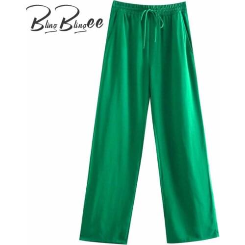 BlingBlingee 2021 Za Chic Summer Thin Straight Casual Green Pants Women Trousers Fashion Drawstring Elastic Long Pants Female