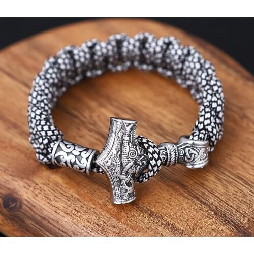 Stainless Steel Norse Viking Thor Hammer Mjolnir Parachute cord Rope weaving Bracelet Mens Amulte Gift