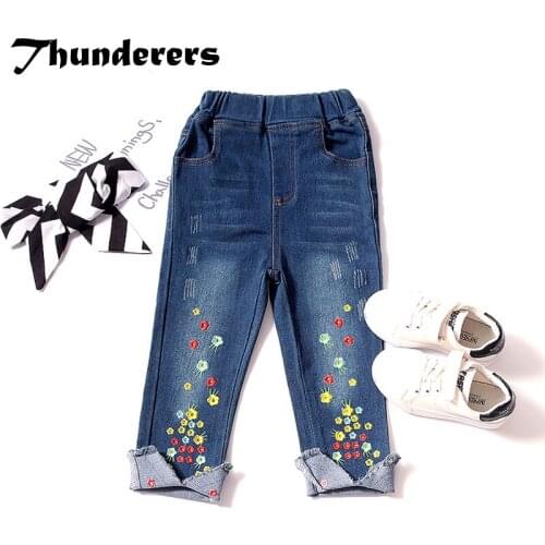 Thunderers Embroidery Kids Jeans For Girls Spring Autumn Fashion Childrens Jeans Floral Denim Enfant Baby Pants Clothes 18M-5Y