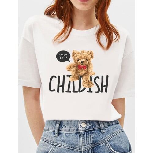 BLINGPAW Graphic T Shirts Cute Teddy Bear Stay Childish Letter Print T-shirt White Cotton Unisex Tees Summer Custom Tee Shirts