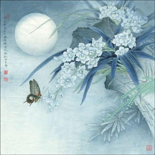 Chinese orchid butterfly moon scenery oil painting canvas printings printed on canvas home wall art decoration picture