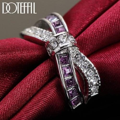 DOTEFFIL 925 Sterling Silver AAA Zircon Purple/Red/Blue Six Colors Crystal Ring For Women Fashion Wedding Party Charm Jewelry