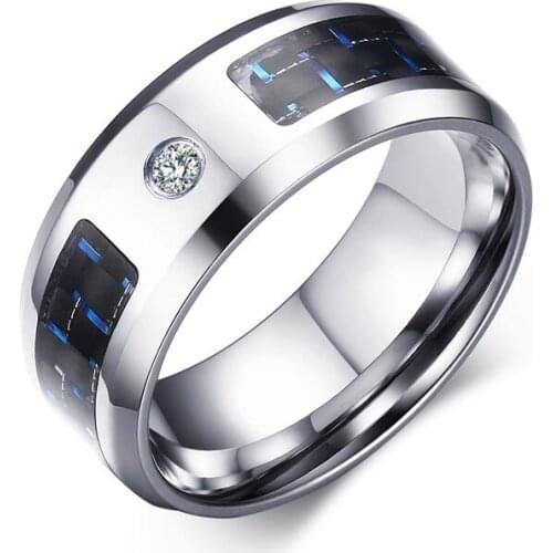 Finger Ring for Men Male Rings Blank & Blue Carbon Fiber Band Alliance Jewelry