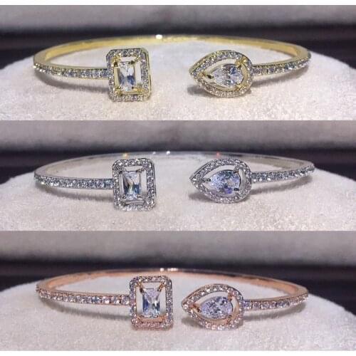 Trendy Exquisite white gold filled Round & Water Drop Micro Pave Diamond Zirconia Cuff Bracelet Bangle for Women Dress Jewelry