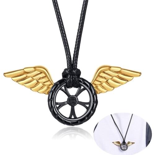 Mens Stylish Tyre Pendant with Angel Wing Necklaces for Woman Rock Punk collar masculino