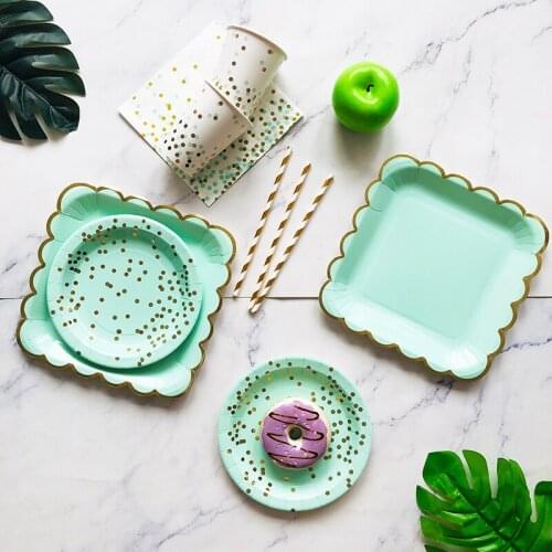 Mint Green Polka-dot Disposable Paper Plate Set Paper Plate Paper Cup Straw Birthday Party Festival Celebration