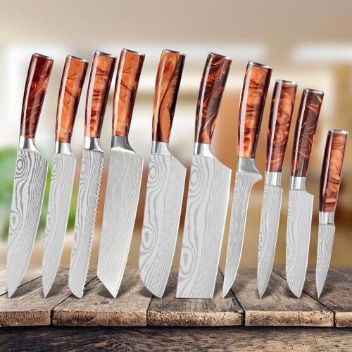 XYj 10pcs Kitchen Knife Set Stainless Steel Kitchen Knives Super Sharp Laser Damascus Pattern Chef Boning Nakiri Cooking Tools
