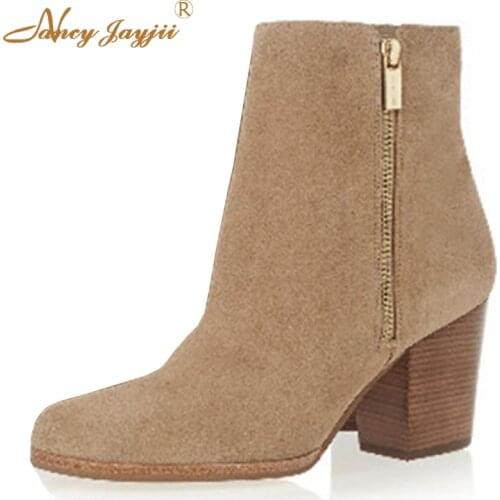 Nancyjayjii High Wood Heels Elegant Flock Round Toe Ankle Boots With Zipper Khaki Dress&Office Adhesive Suede Booties Shoes 43