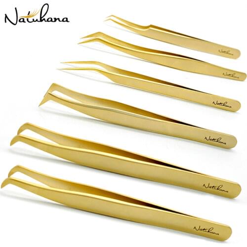 NATUHANA Anti-Static Eyelash Extension Tweezer Gold Stainless Steel Eyelashes Tweezers Professional for Volume Fan Makeup Tools