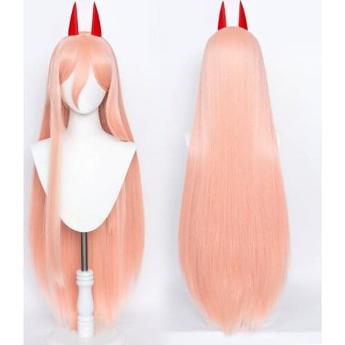 New Anime Chainsaw Man Power Cosplay Wig Long Orange Pink Wig With Devils Horn Heat-resistant Fiber Hair Cap Halloween Props