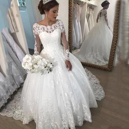 Long Sleeves Lace Ball Gown Wedding Dresses Custom Made Appliques Sccop Neck Sweep Train Lace Up Tulle Bridal Gowns Plus Size