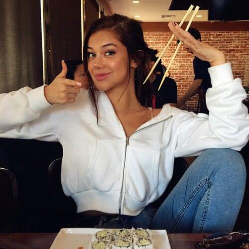 Autumn Sportswear White Hooded Crop Hoodies for Women Girls Zipper Hoodie Casual Short Long Sleeve Top Cotton Sweatshirt Female