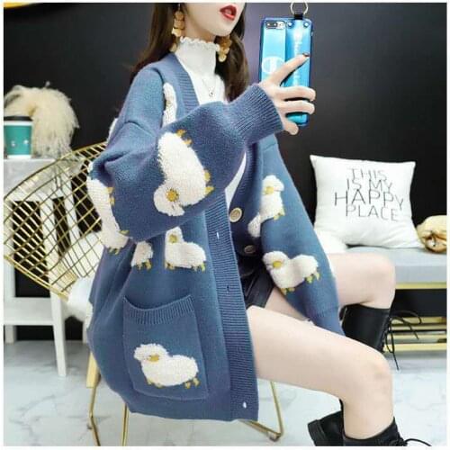 Bird Blue Autumn Knitted Female Cardigan Loose Streetwear Knit Sweater Coat Cute Cartoon V Neck knitted cardigan Women Jacket