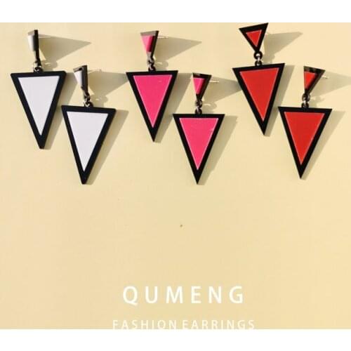 QUMENG Rose red Acrylic Triangle Earrings Stud Earrings For Women long Earrings vintage Fashion Jewelry Wholesale