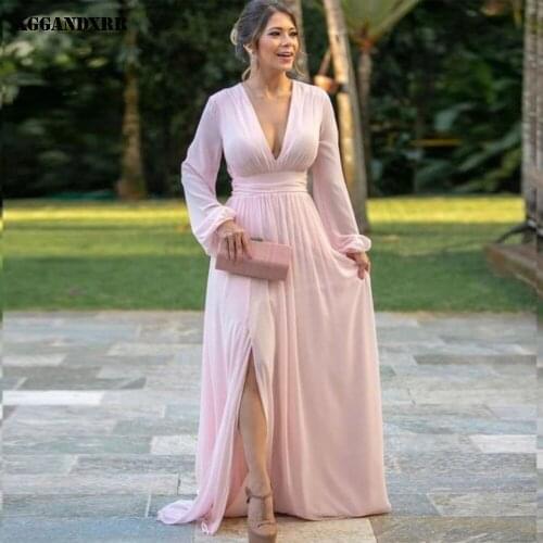 On Sale A-Line Prom Dress 2022 Chiffon Long Skirt Pink V-Neck Party Dress Custom Made