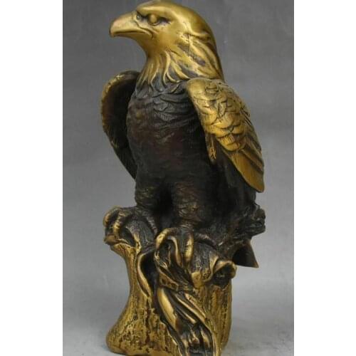 Rare Chinese Pure Bronze Standing Wooden Pile Fly Eagle Hawk falcon Bird Statue