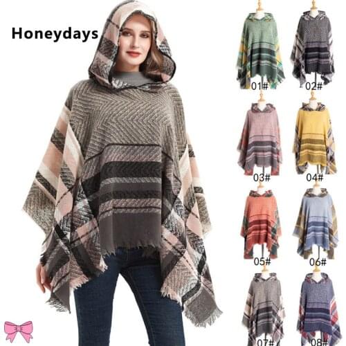Fashion Women Cashmere Hooded Plaid Scarf Keep Warm In Winter Poncho Outdoor Shemagh Scarfs Wraps Blanket Tassel Cloak Wholesale