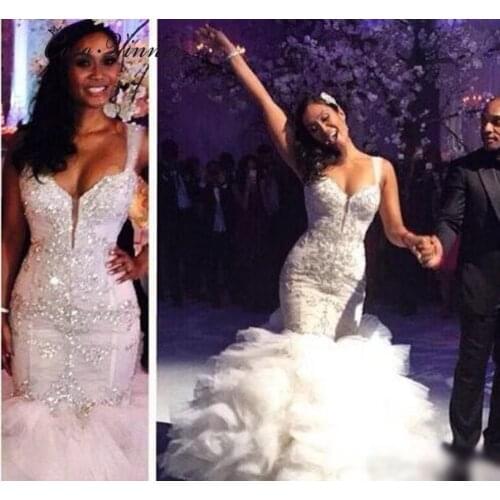 Rushed Pleat Tassel Mermaid Wedding Dresses Sexy V neck Design Luxury Crystal Beads African Wedding Dress Bridal Gown W0306