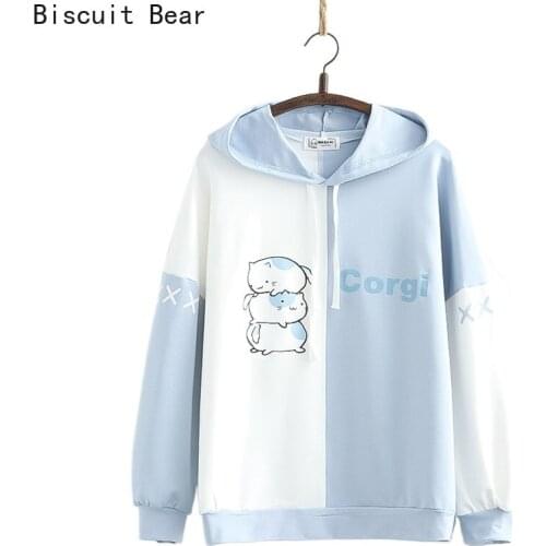 Harakuju Cat Print Patchwork Hoodies Cotton Hoody Sweatshirt 2021 Summer Casual Young Women Hoodies Sweet Style Female Cute Top
