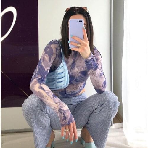 Women Sheer Mesh Crop Tops Sexy Long Sleeve Crew Neck Tie Dye Print Slim Fit T-Shirts Ladies Casual Tops Streetwear