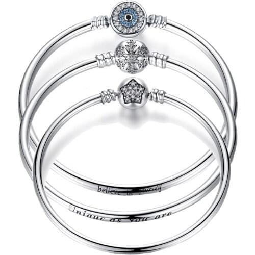 BISAER 925 Sterling Silver Pulseira Snowflake Bangles 925 Heart Snake Chain Clasp femme Silver bracelet for Women Jewelry